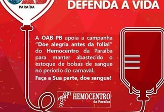 Carnaval: OAB-PB estimula campanha de doação de sangue do Hemocentro da Paraíba
