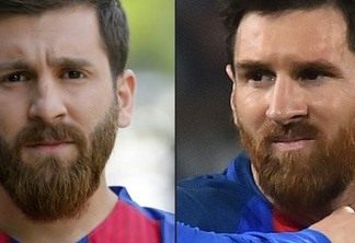 (COMBO) This combination of pictures created on May 08, 2017 shows (L) Reza Parastesh, a doppelganger of Barcelona and Argentina's footballer Lionel Messi, poses for a picture in a street in Tehran on May 8, 2017, and (R) Barcelona's Argentinian forward Lionel Messi reactimg during the UEFA Champions League quarter final first leg football match Juventus vs Barcelona, on April 11, 2017 at the Juventus stadium in Turin. 
  / AFP / Atta KENARE AND Giuseppe CACACE
