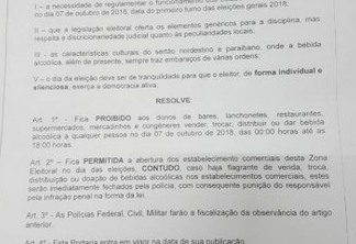 PATOS E QUIXABA: Juíza Eleitoral proíbe venda de bebida alcoólica até às 18h deste domingo