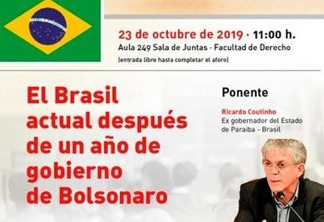'UM ANO DO GOVERNO BOLSONARO': na Europa, Ricardo Coutinho fará palestra sobre democracia no Brasil