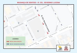 Trecho da Rua Cel. Severino de Lucena tem sentido de circulação invertido a partir desta terça (10)