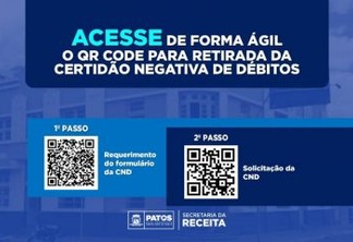 Prefeitura de Patos disponibiliza QR Code para requerimento e solicitação de CND
