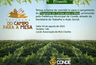 Prefeitura de Conde lança Programa do Campo Para a Mesa nesta quarta-feira
