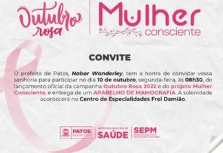 Prefeito de Patos entrega mamógrafo e abre oficialmente o Outubro Rosa, nesta segunda-feira (10)