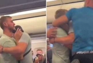 Em um vídeo que viralizou na web, o homem é visto ao gritar com a tripulação, antes de ser imobilizado por outros dois passageiros. (Foto: Reprodução/Redes sociais)
