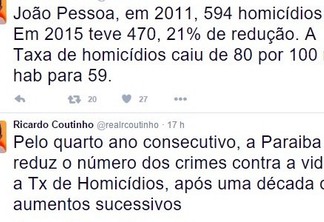 Ricardo usa as redes sociais para anunciar redução de homicídios na PB