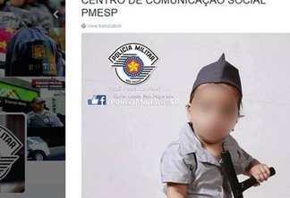 Foto de um bebê usando farda da polícia e segurando um cassetete está causando polêmica na internet
