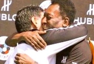 PAZ ENTRE REIS: Pelé e Maradona se abraçam na França e prometem fim de briga