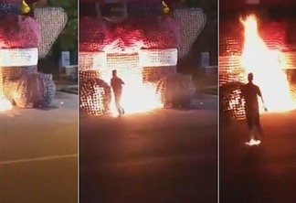 VEJA VÍDEO: irmãos ateiam fogo em Papai Noel gigante e são presos