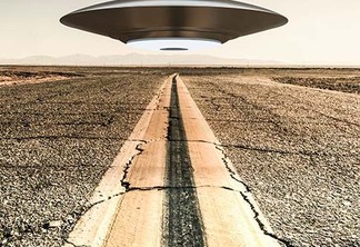 3d illustration of a unidentified flying object on a empty desert road.