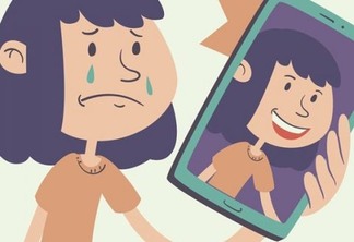 Vector illustration of a sad cartoon girl taking a photography, in which she appears happy.