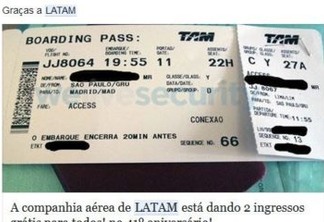 Golpe no Facebook promete passagens aéreas da LATAM Airlines