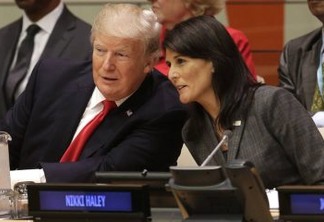 United States President Donald Trump speaks with U.S. Ambassador to the United Nations Nikki Haley before a meeting during the United Nations General Assembly at U.N. headquarters, Monday, Sept. 18, 2017. (AP Photo/Seth Wenig)