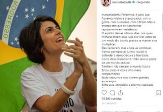 Após derrota, Manuela D'ávila faz publicação no instagram: 'A tristeza tem que se transformar rapidamente em resistência'