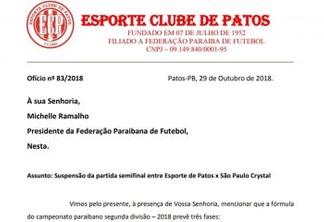 Esporte de Patos solicita que a FPF paralise a 2ª divisão até que o caso da Perilima seja julgado