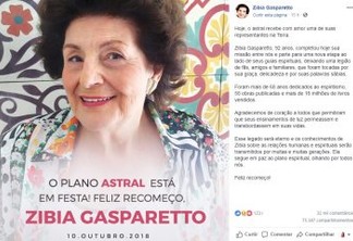 Morre, aos 92 anos, Zibia Gasparetto