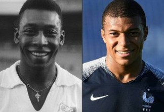 (COMBO) This combination of pictures created on July 01, 2018 shows Brazilian striker Pele (L) on 13 June 1961 in Colombes, in the suburbs of Paris, and France's forward Kylian Mbappe (R) in Istra, west of Moscow on June 27, 2018.
The two goals, against Argentina, made Mbappe the first teenager since a 17-year-old Pele to score twice in a World Cup game. / AFP PHOTO / STAFF AND FRANCK FIFE