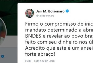 No twitter Bolsonaro confirma que abrirá a caixa preta do BNDES