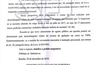 Presidente do STJ não vê razão para determinar novo afastamento de Berg Lima - LEIA A DECISÃO