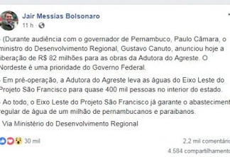 'NORDESTE É UMA PRIORIDADE': Bolsonaro anuncia liberação de R$ 82 milhões para 'Adutora do Agreste'