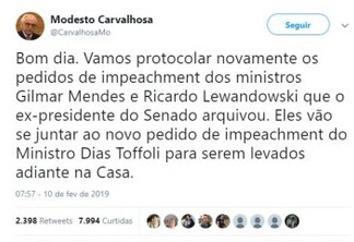 NAS MÃOS DE DAVI ALCOLUMBRE: Modesto Carvalhosa vai pedir novo pedido de impeachment de Gilmar e Lewandowski