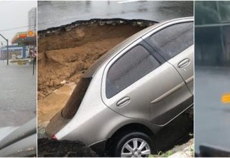 CHUVAS FORTES: Veículos abandonados no alagamento, cratera engole carro, 'canoagem' e memes marcam dia em João Pessoa - VEJA VÍDEOS