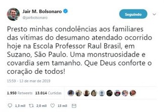 'MONSTRUOSIDADE E COVARDIA SEM TAMANHO': presidente Jair Bolsonaro se pronuncia sobre atentado em Suzano