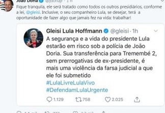 João Dória responde Gleisi e diz que Lula terá a oportunidade de trabalhar em presídio