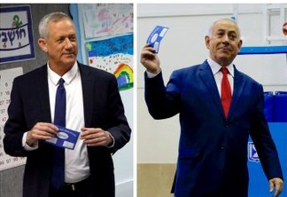 Uma imagem combinada mostra Benny Gantz (à esquerda), líder do partido Azul e Branco votando em Rosh Haayin e o primeiro-ministro de Israel, Benjamin Netanyahu, votando em Jerusalém durante a eleição parlamentar de Israel.