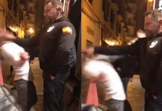 Jovem faz graça com policial espanhol, leva “fritada” na cara e desmaia