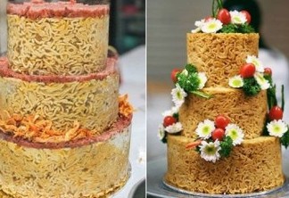 UM BOLO MARCANTE: Confeitaria faz sucesso com bolos de casamento feitos de macarrão instantâneo