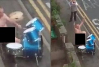 Pelado, homem burla quarentena e toca bateria na rua em homenagem à saúde pública