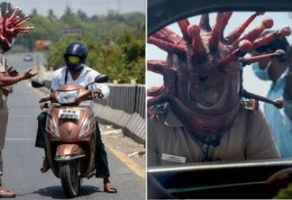 Policial usa 'capacete de coronavírus' para assustar motoristas