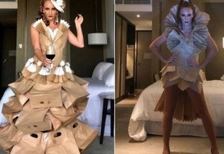 Presa em transatlântico, dançarina cria modelitos com sacos de papel