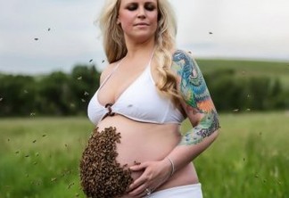 Grávida faz ensaio fotográfico com 10 mil abelhas na barriga