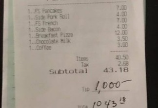 Cliente deixa gorjeta de US$ 1.000 em restaurante nos EUA