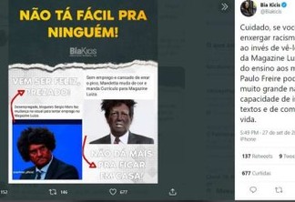 Deputada bolsonarista Bia Kicis faz post racista com Moro e Mandetta para 'criticar' Magazine Luiza