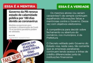 FAKE NEWS: Governo da Paraíba nega fechamento do comércio após as eleições 2020