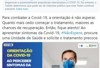 Twitter marca publicação do Ministério da Saúde como 'informação enganosa'