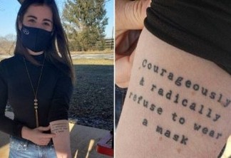 Mulher vence desafio de 'tatuagem mais idiota' com frase sobre máscara contra a Covid-19