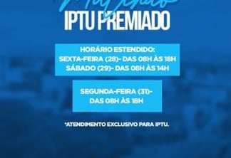 Mutirão para emissão do boleto do IPTU Premiado de Patos acontece nesta segunda-feira, 31