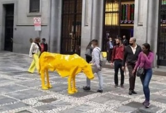 Artista cearense instala 'vaca magra' em frente à Bolsa de Valores em São Paulo