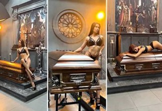 ATRAINDO CLIENTES?! Funerária usa modelos de lingerie posando entre caixões em anúncio; confira