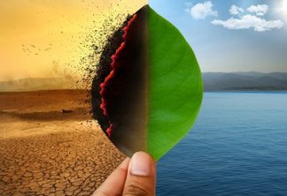 Climate change and Global warming concept. Burning leaf at land of cracked earth metaphor drought and Green leaf with river and beautiful clear sky metaphor Abundance of Nature.