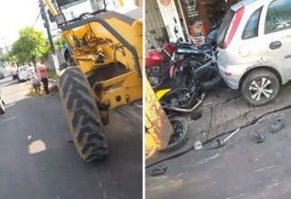Trator desgovernado perde freio, atinge veículos e destrói motos em oficina de Santa Rita - VEJA O VÍDEO