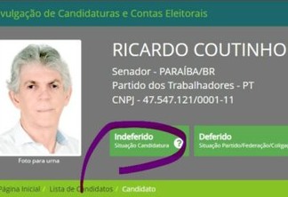 Ricardo Coutinho já aparece com registro indeferido no Divulgacand, sistema do TSE