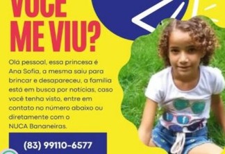 Familiares buscam por criança desaparecida na região de Bananeiras, Ana Sofia tem 8 anos