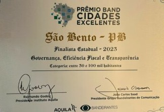Pelo segundo ano consecutivo, São Bento recebe o prêmio Band Cidades Excelentes - VEJA VÍDEO 