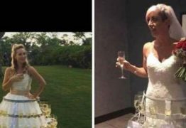 Noiva usa vestido de casamento ‘enfeitado’ com 50 taças cheias de bebida
