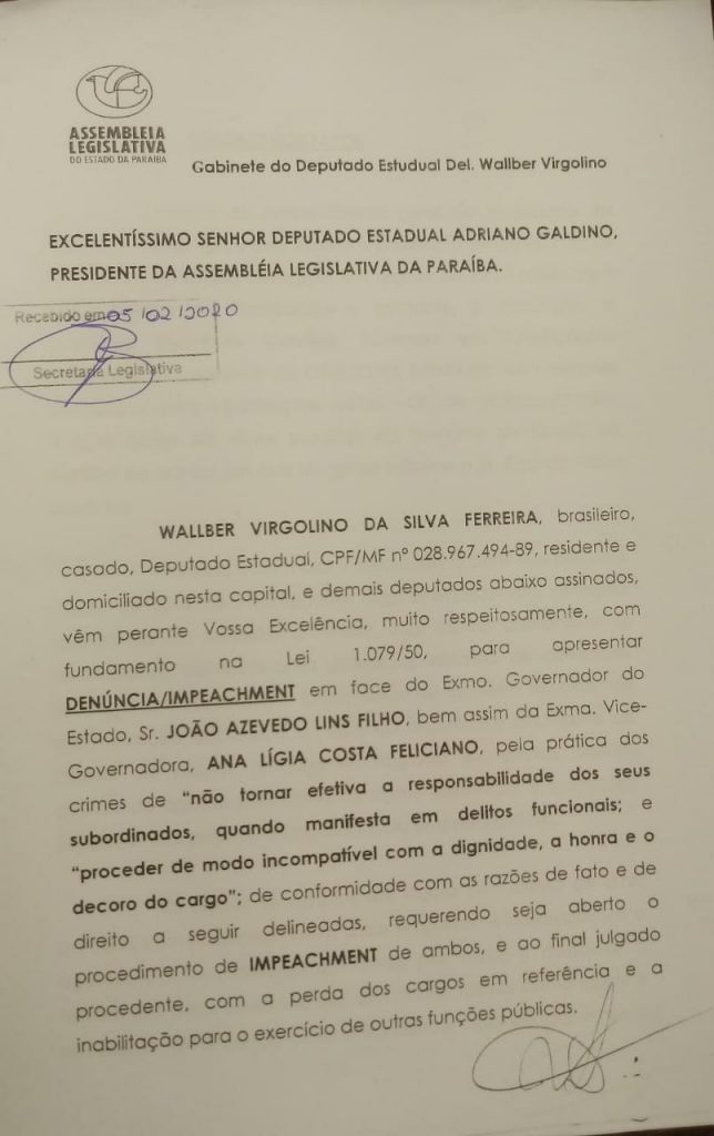 IMG 20200205 WA0267 644x1024 - VOLTA AOS TRABALHOS NA ALPB: Oposição pede impeachment de João Azevedo e de Lígia Feliciano - VEJA VÍDEO